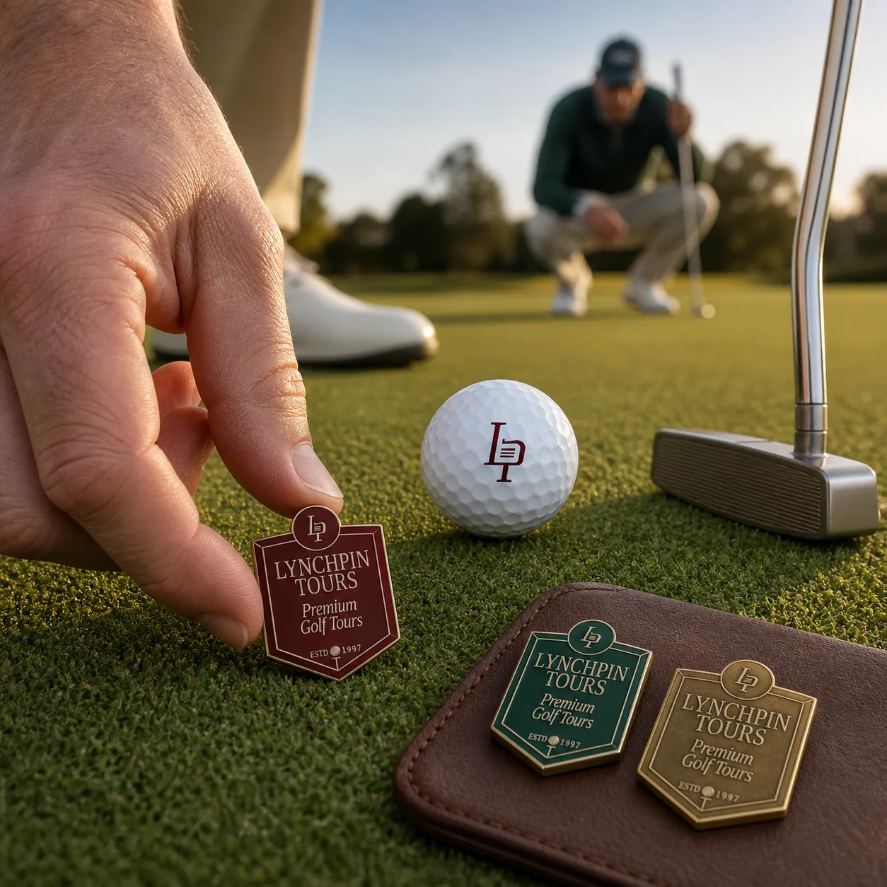Enamel bag tags in claret, green and cream beside a Lynchpin golf ball on the green
