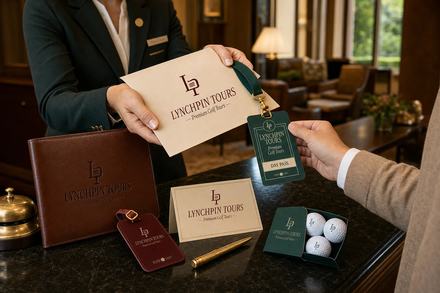 A welcome pack, document wallet and luggage tags handed across the concierge desk
