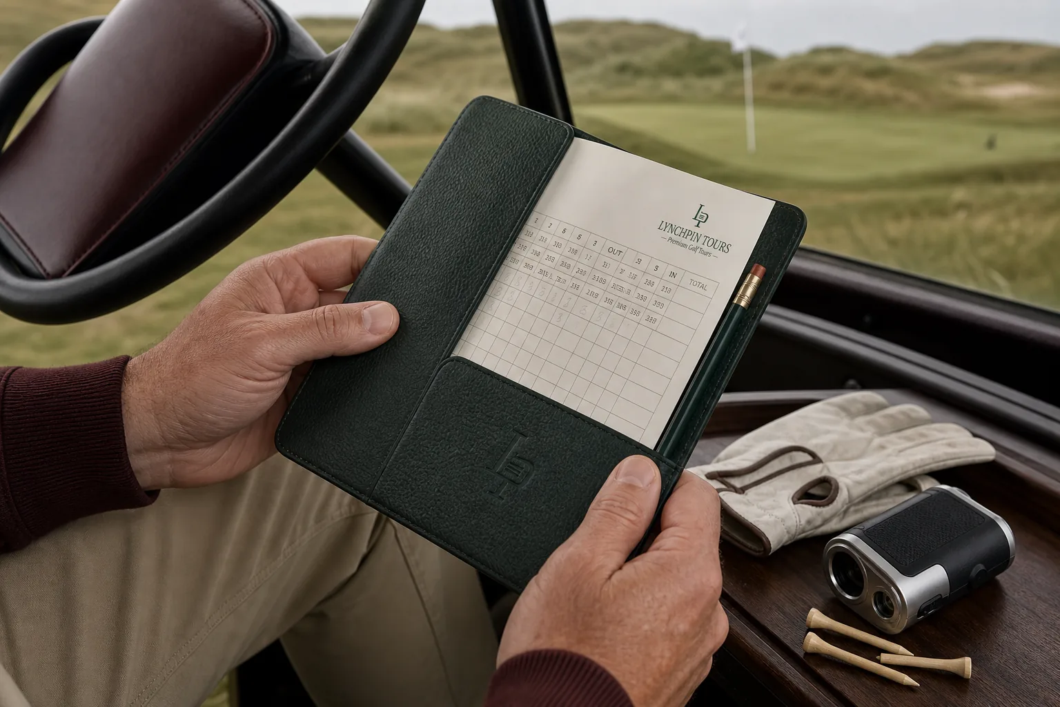 A Lynchpin yardage book open in the buggy above the links